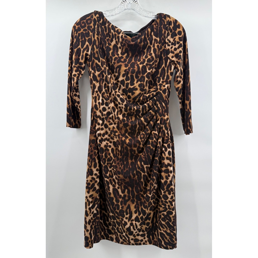 Lauren Ralph Lauren Leopard Print Ruched Sheath Dress Brown 4P Petite